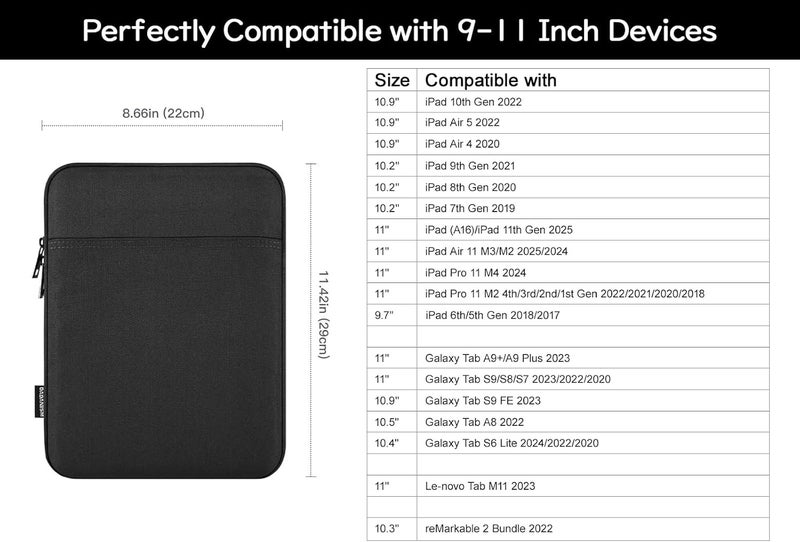 Dadanism 9-11 Inch Tablet Sleeve Bag Carrying Case for iPad (A16) 11th Gen 11", iPad 10th Gen 10.9" Air 5/4, i-Pad Air/Pro 11", i-Pad 9/8/7th 10.2", Galaxy Tab A9+ Plus 11"/S9 FE, Tab M11 11", Black - Image 2